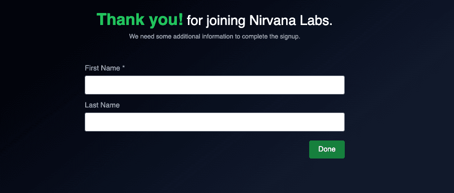 Screenshot of the 'Add First and Last Name' page on Nirvana Labs Platform, showing two input fields for entering a user's first and last name, with a 'Next' button below.