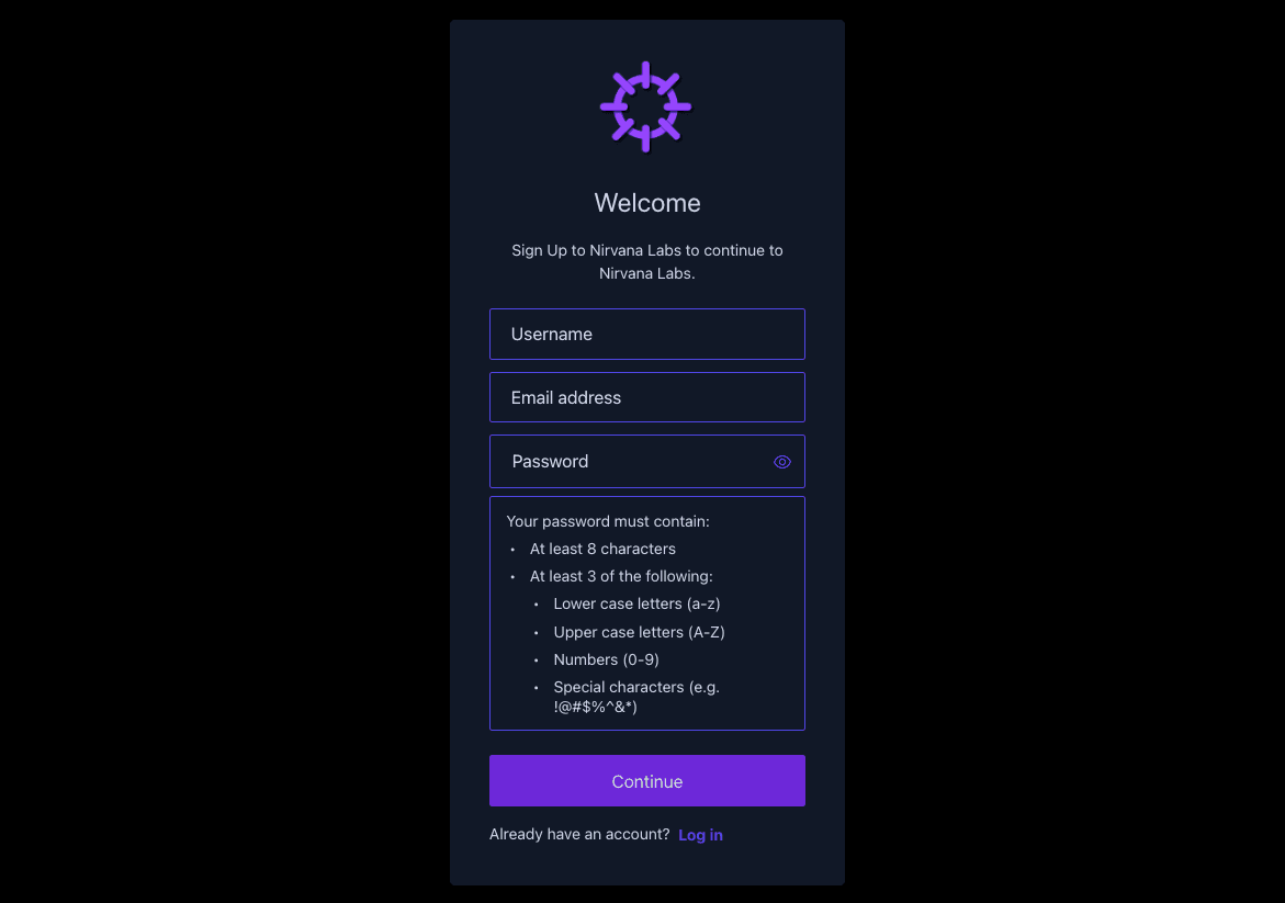 Screenshot of the login page on Nirvana Labs Platform, with fields to enter a username and password, alongside the 'sign in' button and 'forgot password' link.