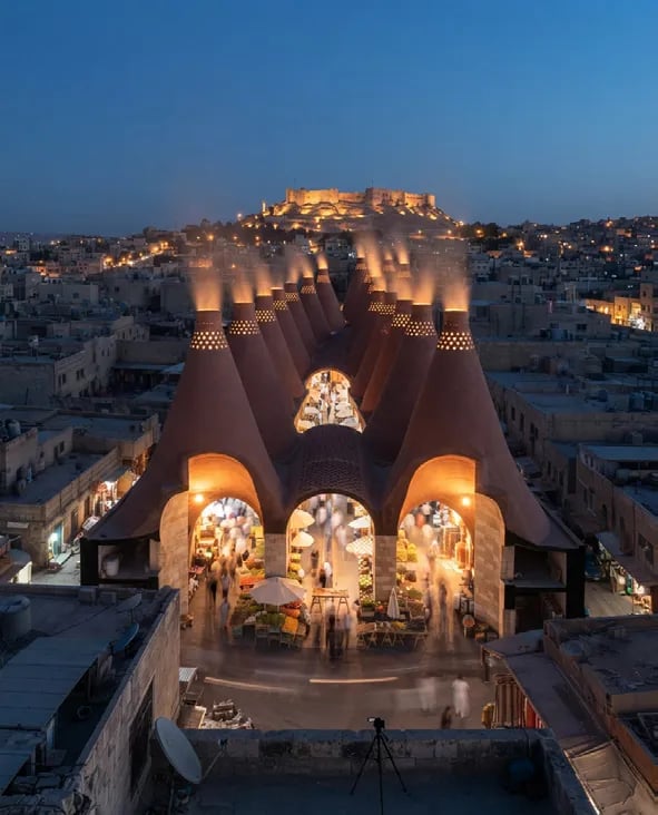 Aerial night view of the lit market
