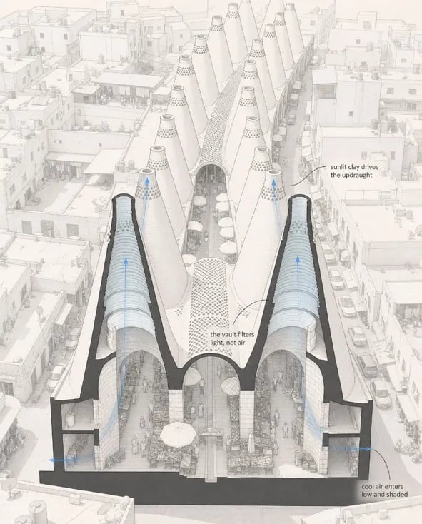 Cutaway axonometric diagram of the cones