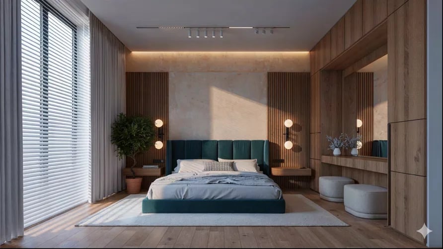 Bedroom rendered in walnut and teal