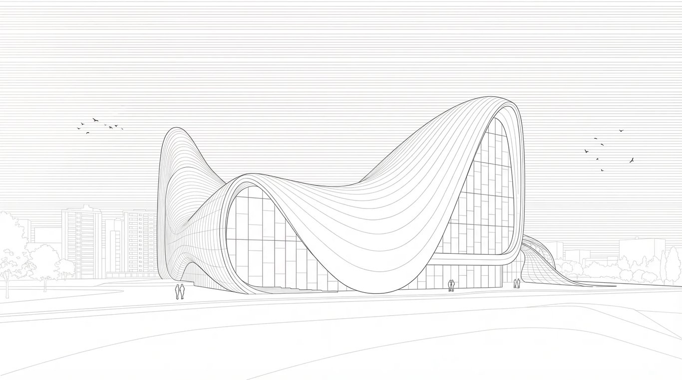 Competition line drawing of the supplied Zaha building reference
