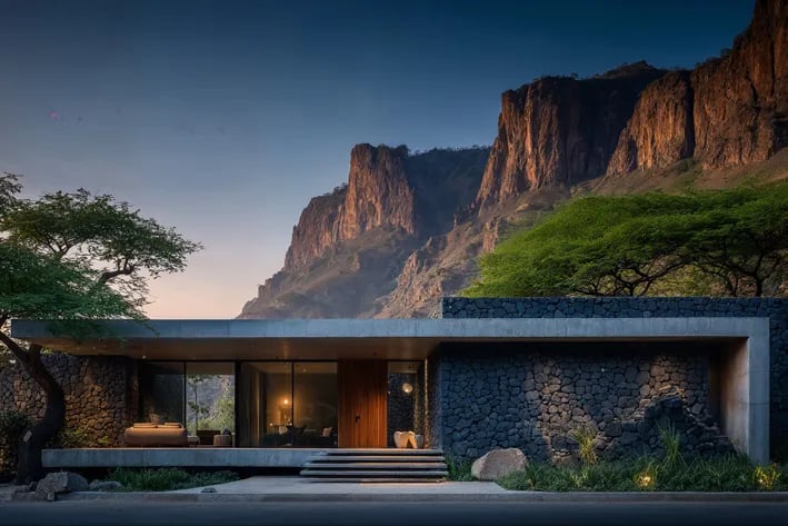 Low house beneath cliffs