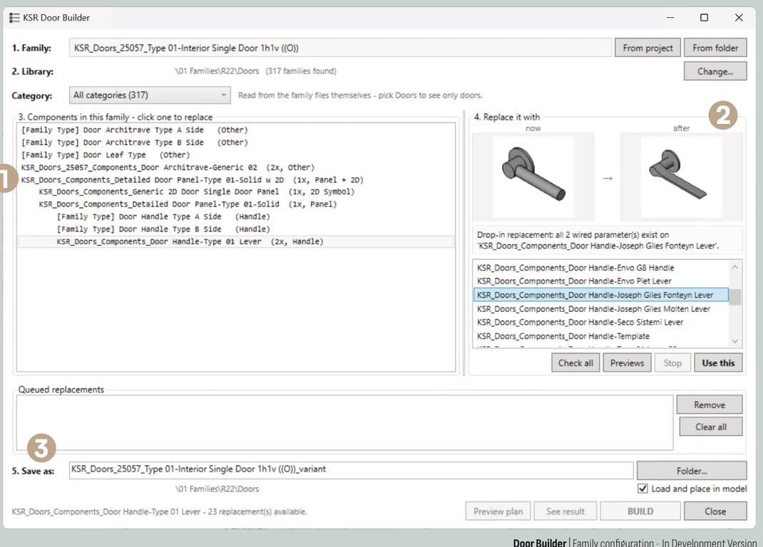 Door Builder interface showing component list and handle replacement previews