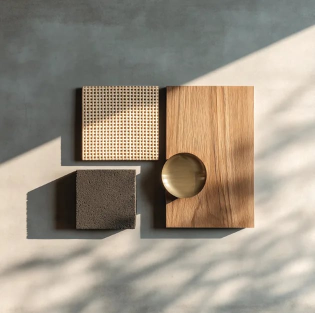 Material study with rattan, oak and a brass disc