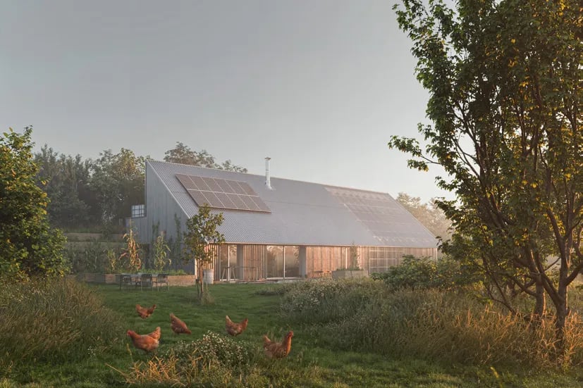 Photoreal barn house in meadow
