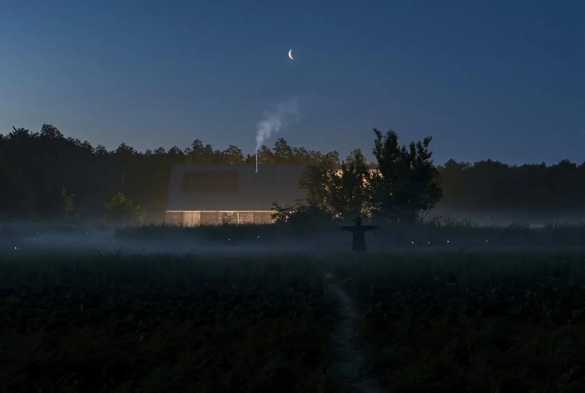 Same house under a crescent moon with mist and chimney smoke