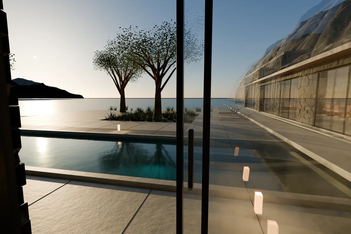 View from the bedroom corridor out to the pool