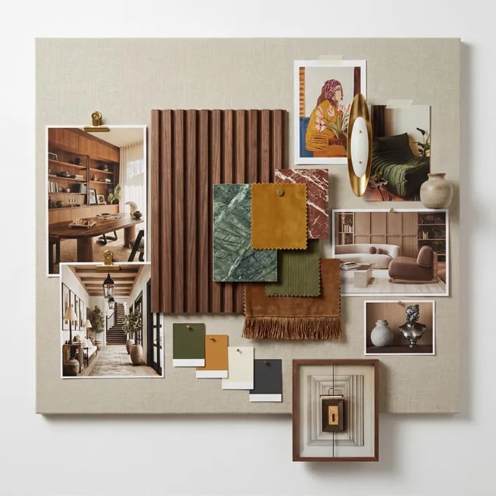 Physical-style material mood board with samples