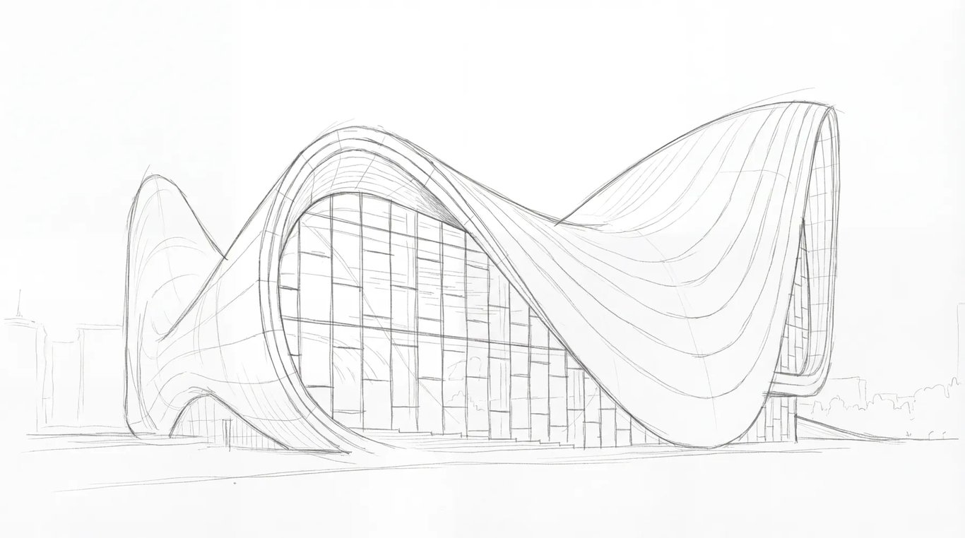 Loose pencil drawing of the supplied Zaha building reference