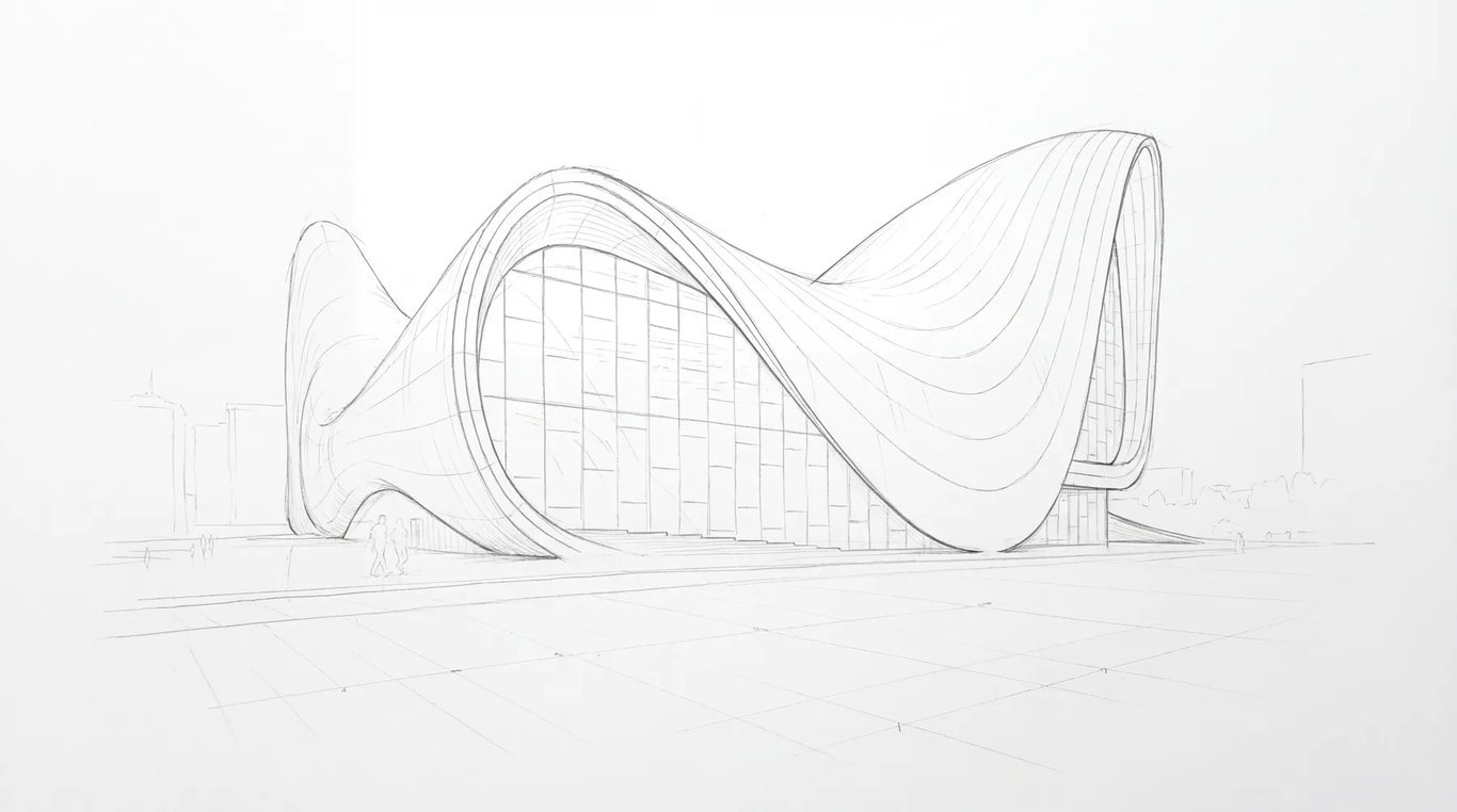 Pencil perspective drawing of the supplied Zaha building reference