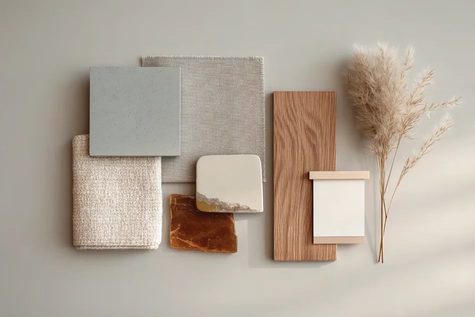Mood board of pale blue, cream and oak swatches