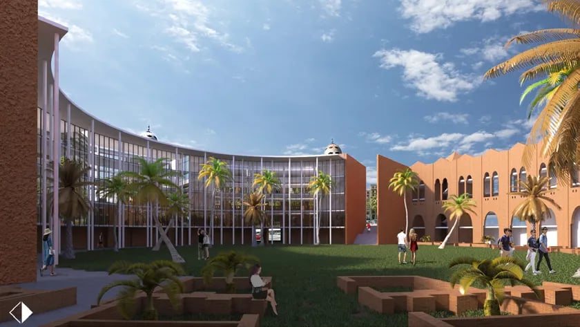 Older courtyard render with palms