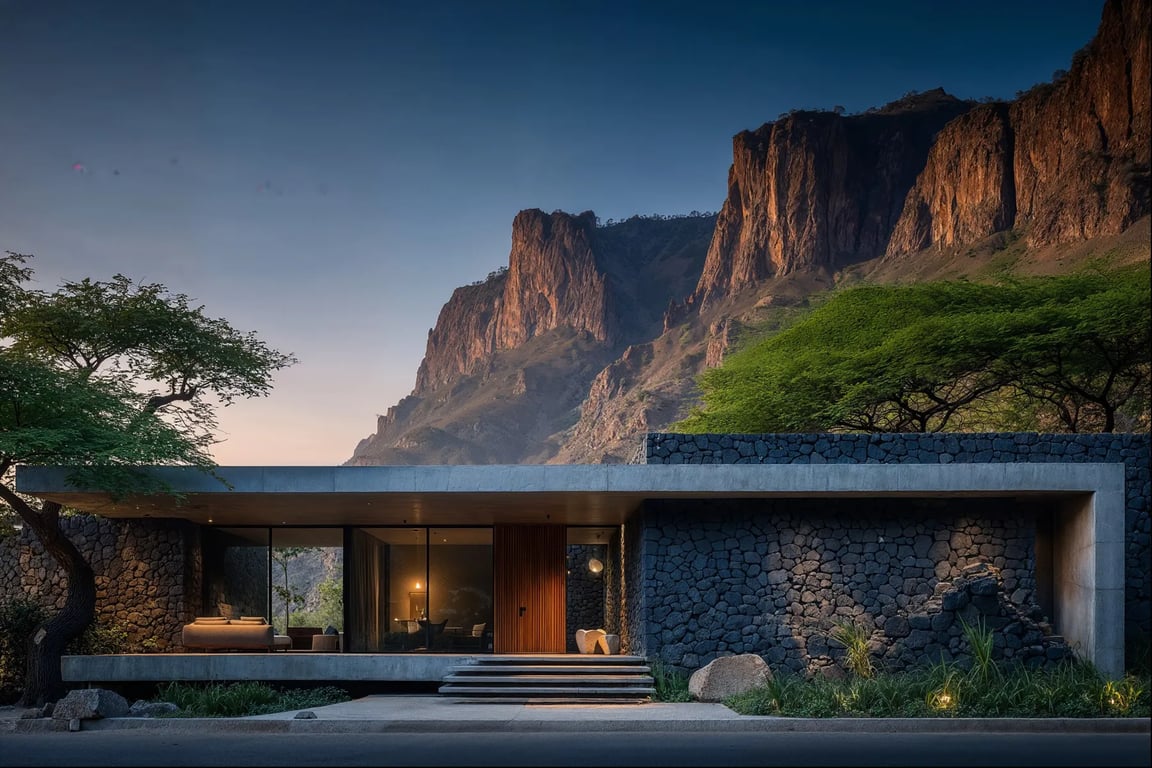Original Midjourney render of the basalt house at dusk, before the Blender model