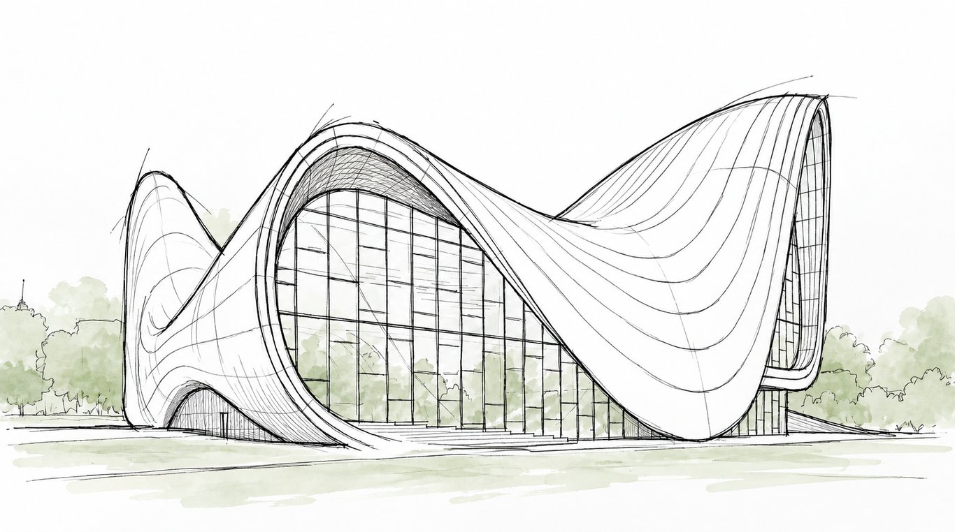 Fine ink drawing with pale green watercolour wash of the supplied Zaha building reference