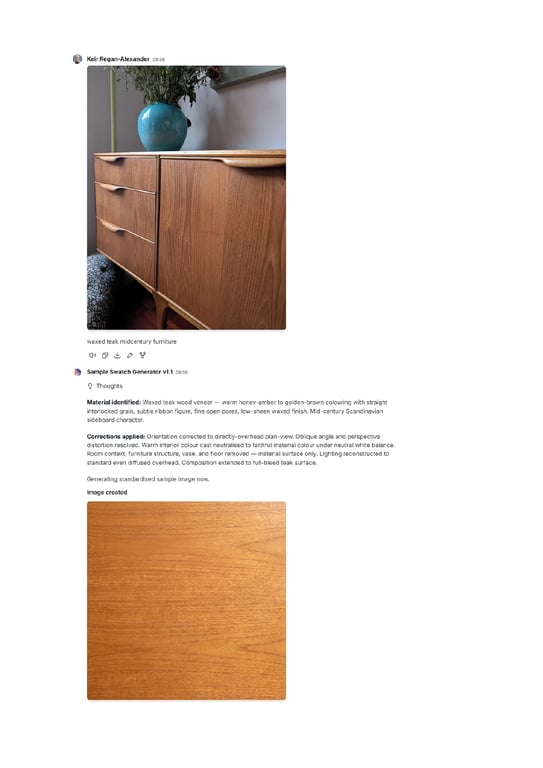 Original source PDF page showing teak sideboard photograph and generated wood veneer swatch