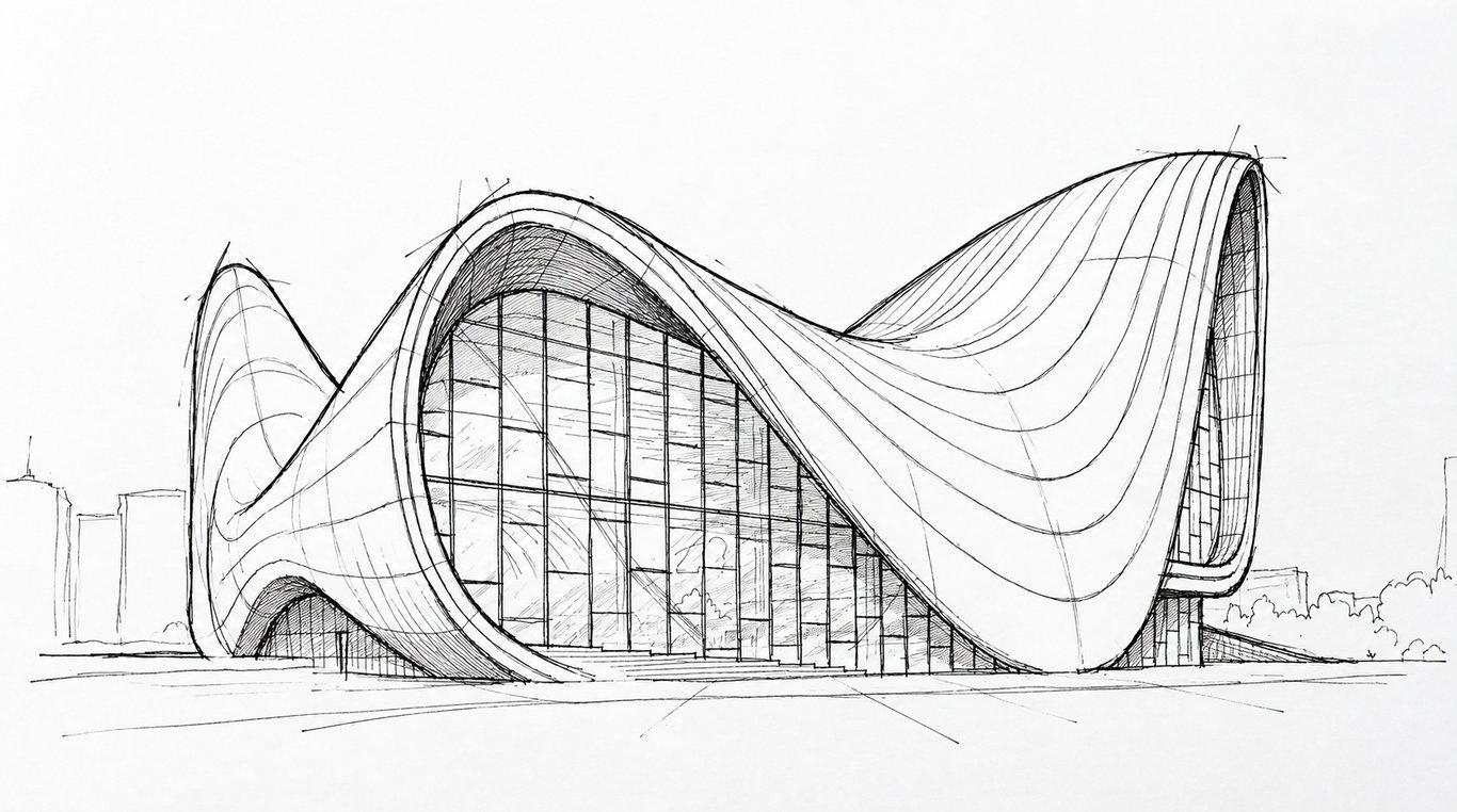 Fine black ink architectural drawing of the supplied Zaha building reference