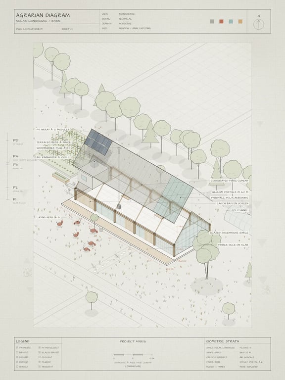Generated axonometric sheet of a solar longhouse barn in a meadow, with title block and legend