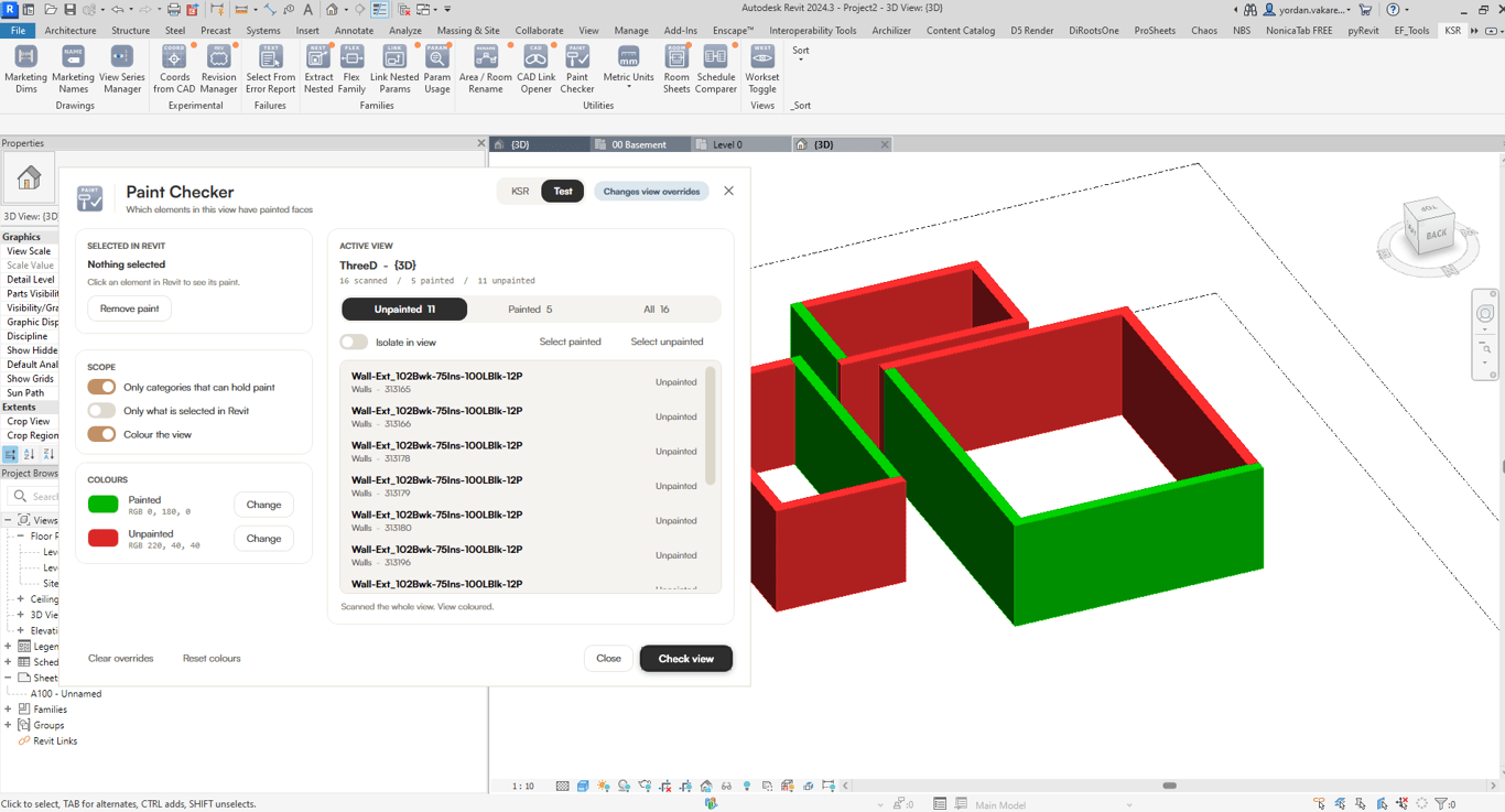 Paint Checker open over the Revit model, with painted elements shown in green and unpainted elements in red