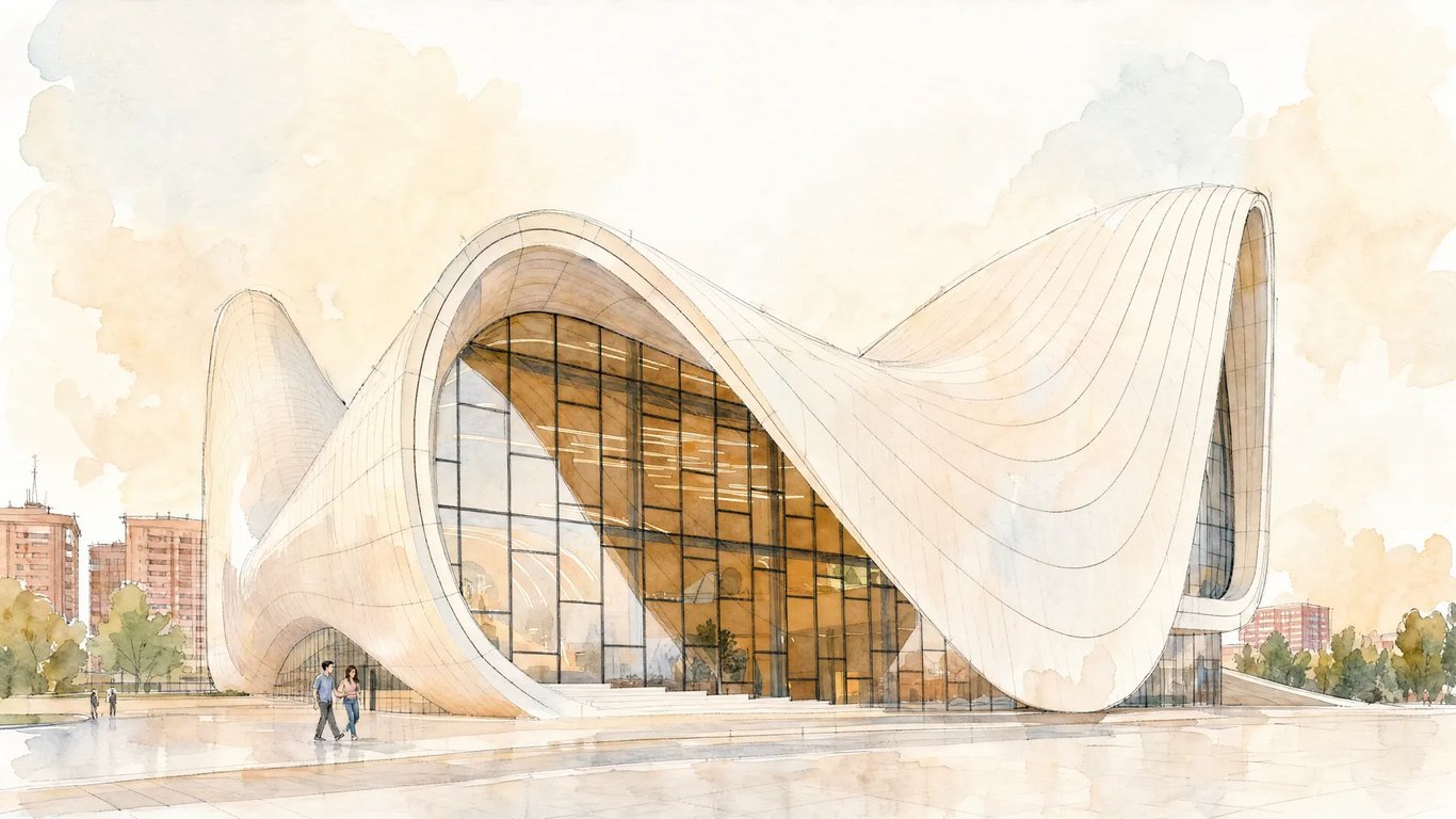 Warm watercolour architectural drawing of the supplied Zaha building reference