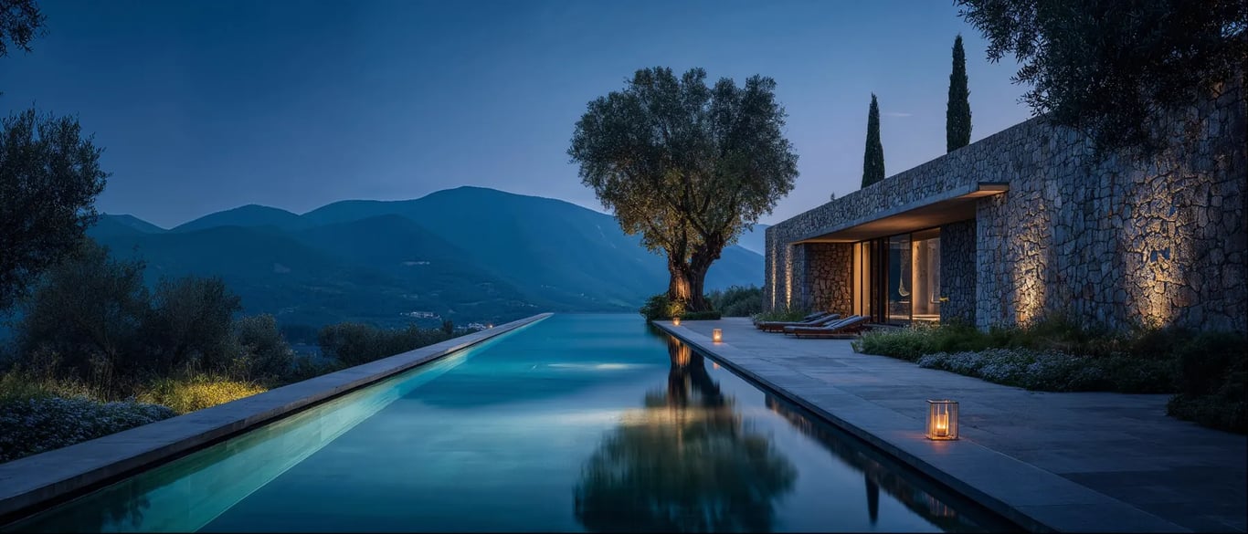Original Midjourney exploration of the house beside a long pool