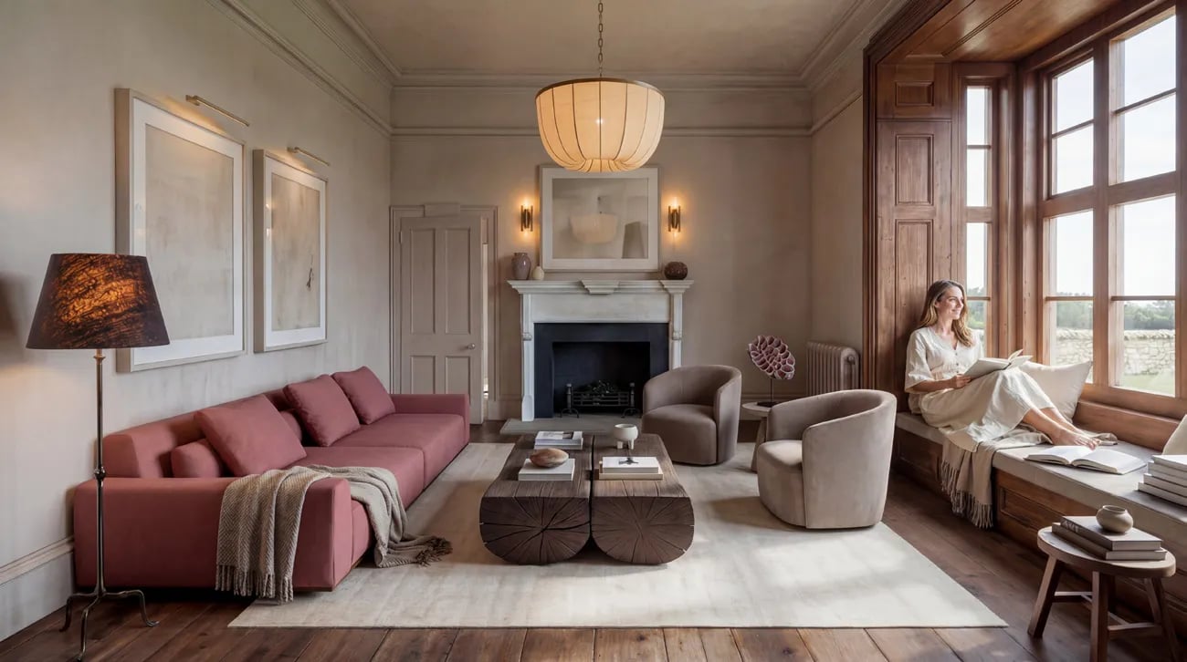 Warm rendered living room with red sofa and timber floor
