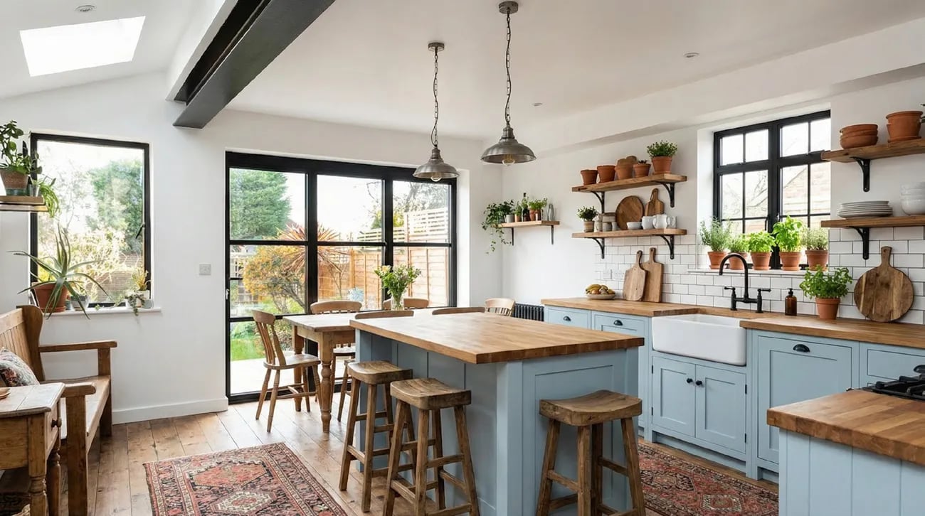 Kitchen restyled with pale blue cabinets and timber