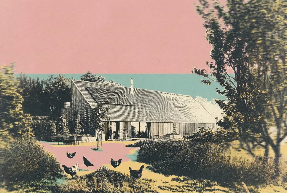 Barn house in a retro collage style with pink sky