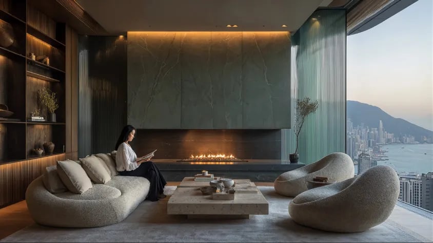 Living room with fireplace overlooking a harbour