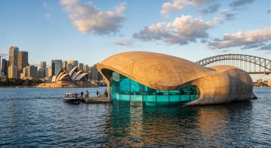 Shell-like pavilion on the water