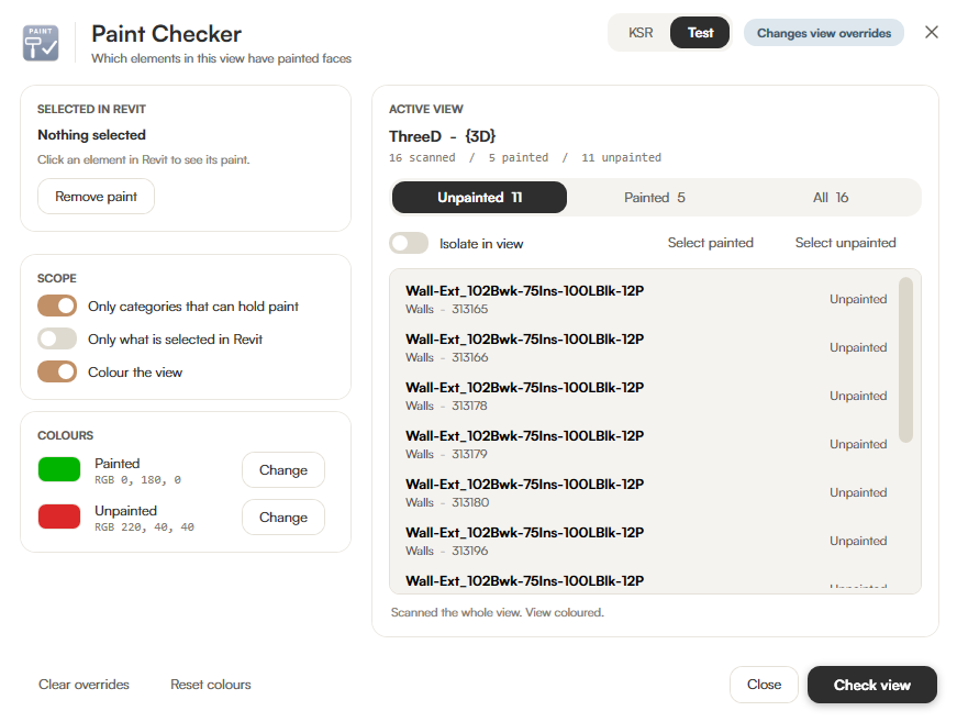 Paint Checker interface showing scope controls, colour overrides and a list of unpainted elements