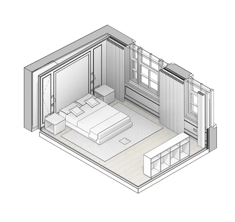 Line axonometric of a bedroom