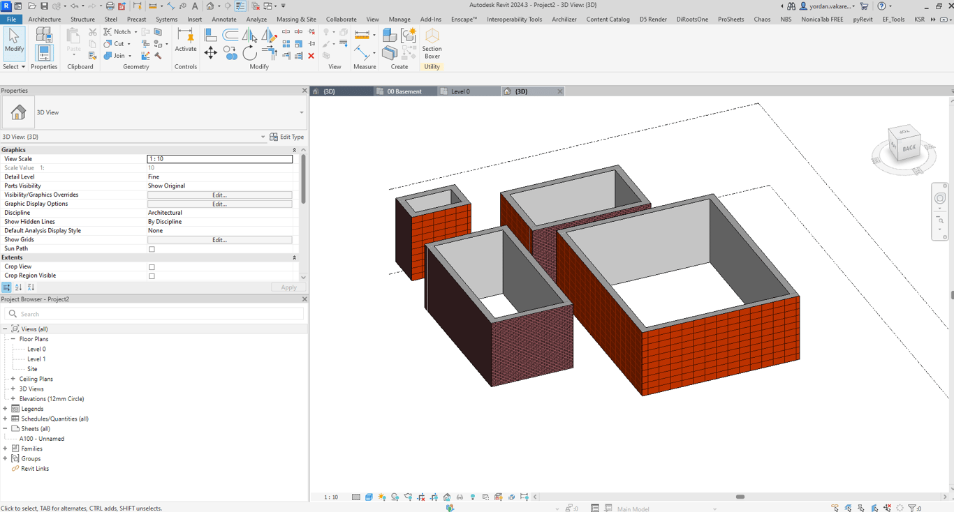 Revit 3D view of four wall enclosures with their material appearances before Paint Checker colour overrides