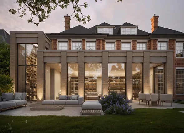 Dusk render of a large country house