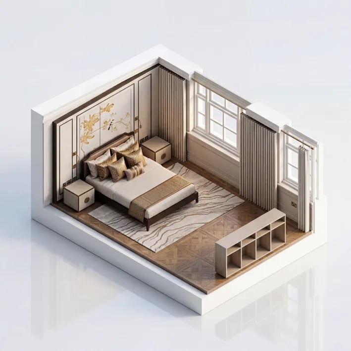 Rendered miniature bedroom axonometric