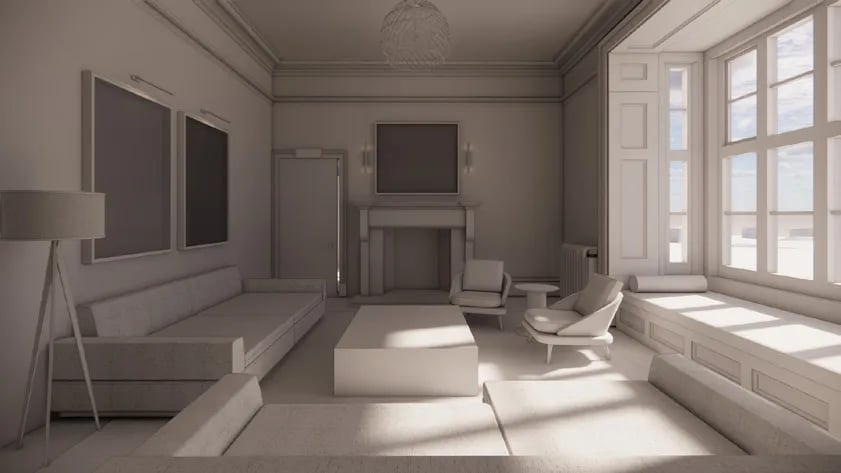 Grey clay render of the furnished room