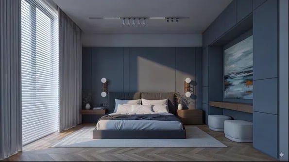 Bedroom rendered in coastal blue