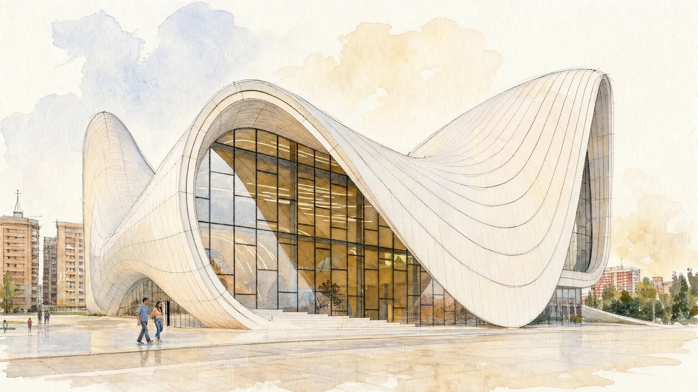 Watercolour architectural drawing with blue sky of the supplied Zaha building reference