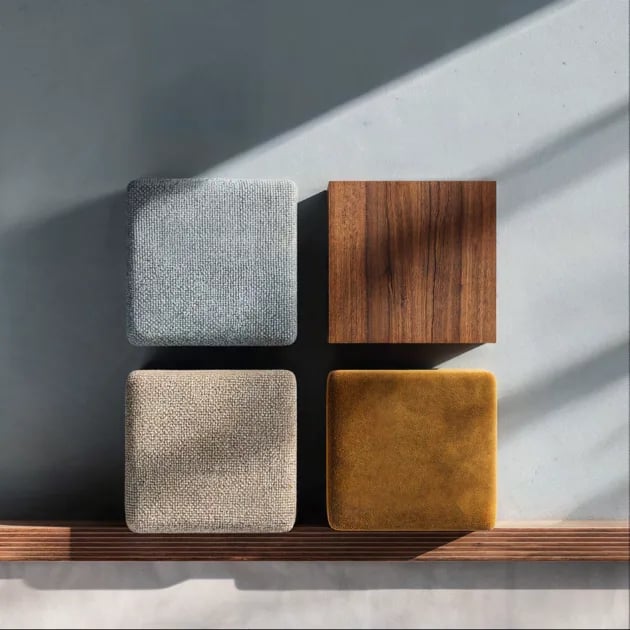 Four material cubes in blue linen, ochre velvet, walnut and boucle
