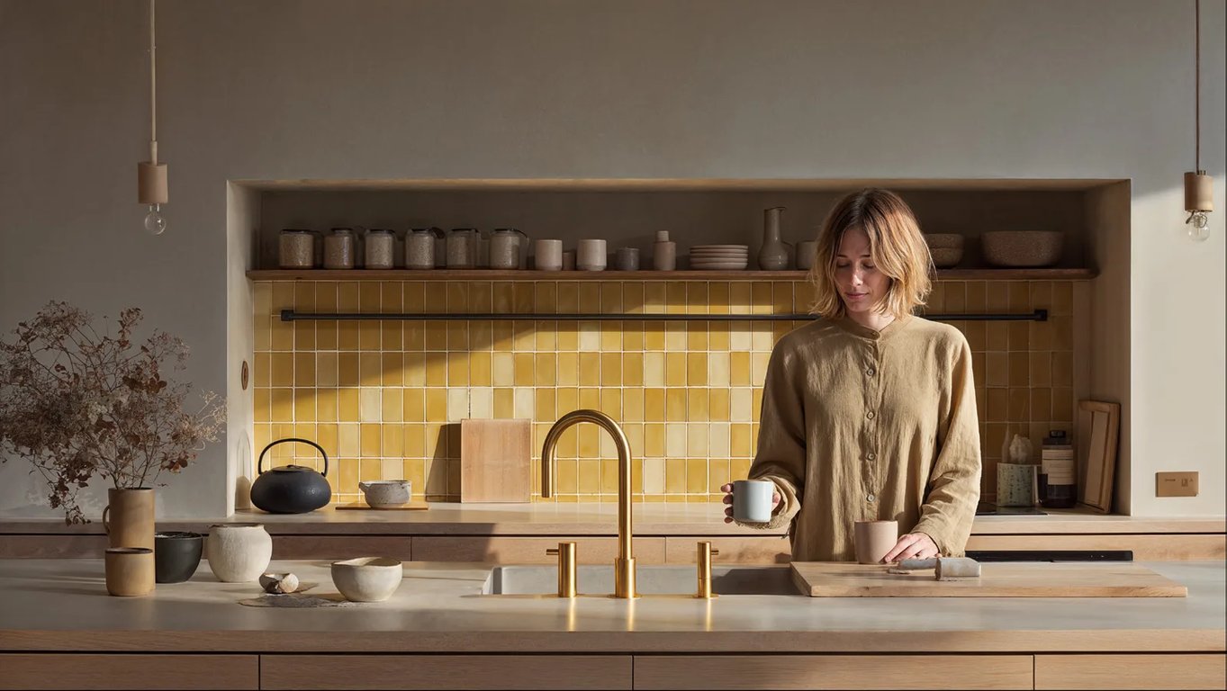 Warm kitchen with saffron wall and pale timber