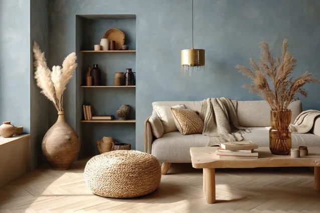 Living room with blue walls and dried grasses