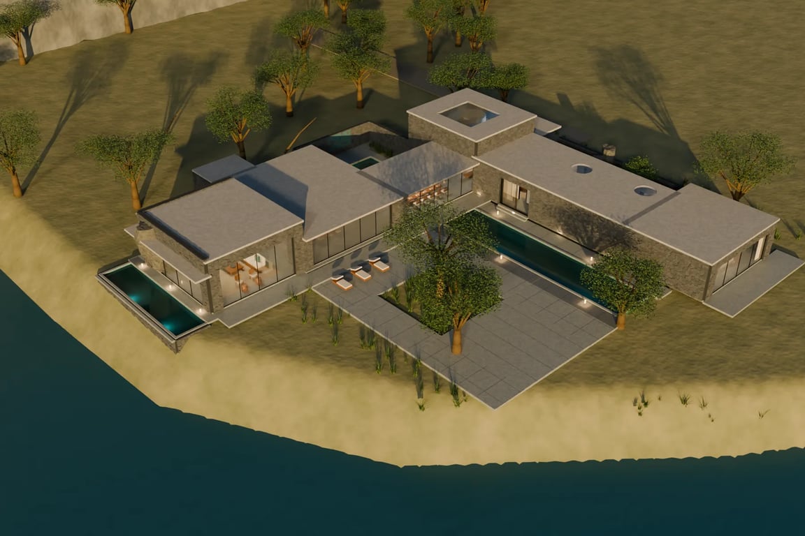 Aerial view of the Blender model on the lake edge