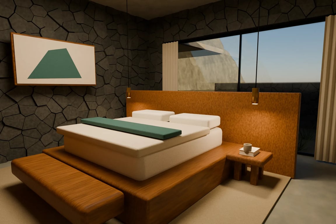 AI-built Blender model after sketch and prompt amendments: Bedroom