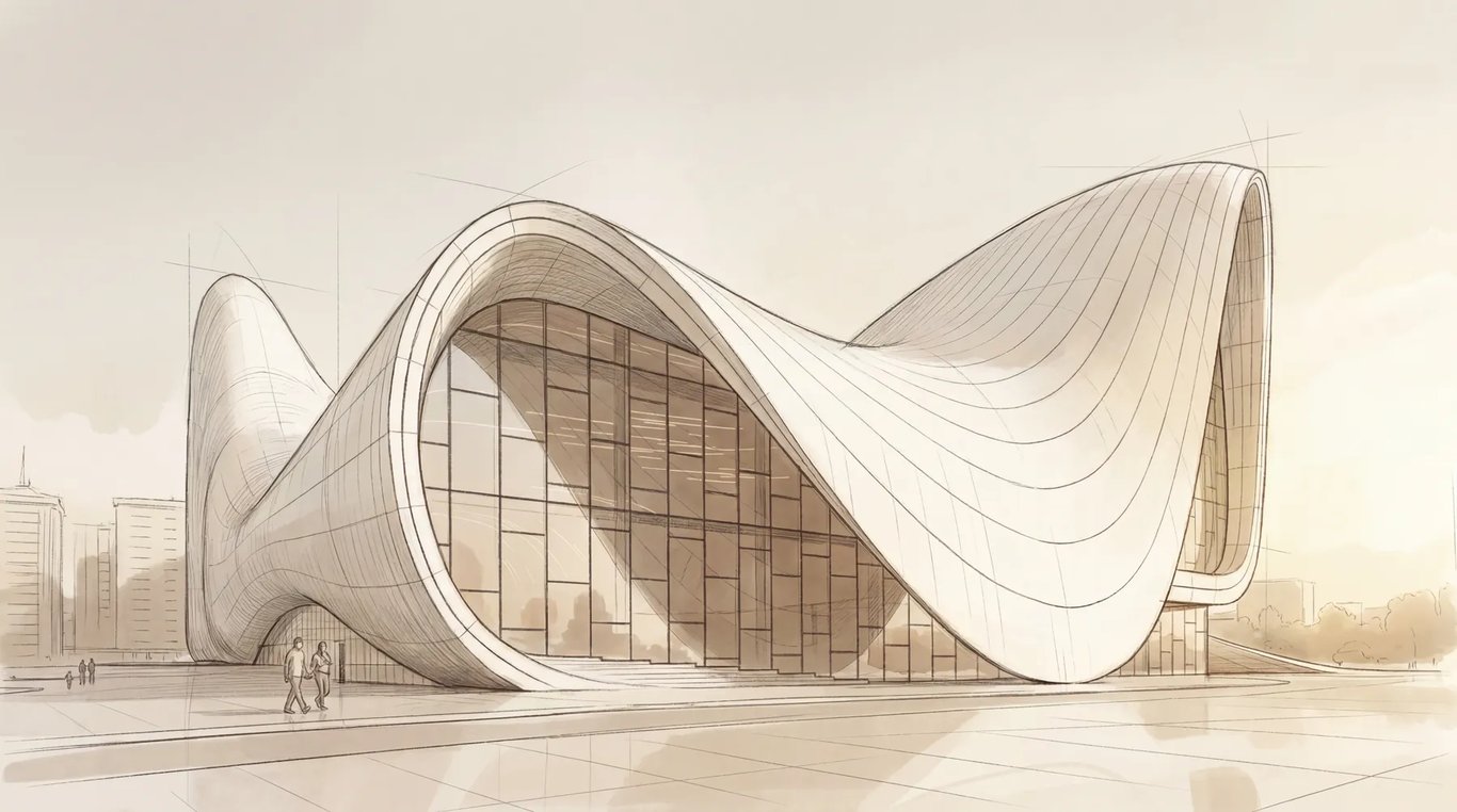 Sepia architectural drawing of the supplied Zaha building reference