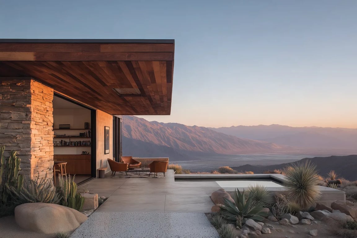 Desert living room framing a mountain view