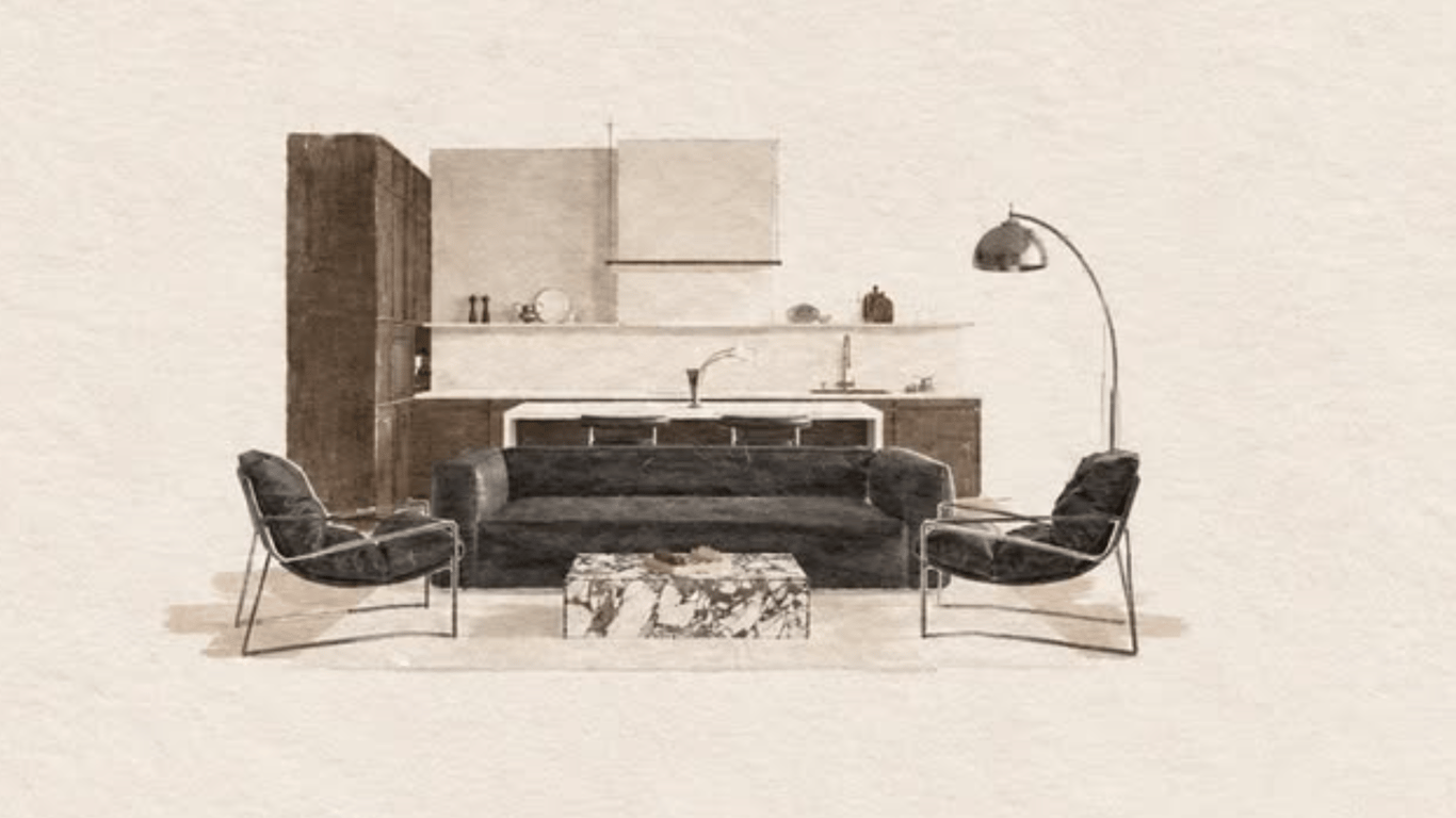 Loose sepia watercolour of a living room with a sofa, armchairs and kitchen behind