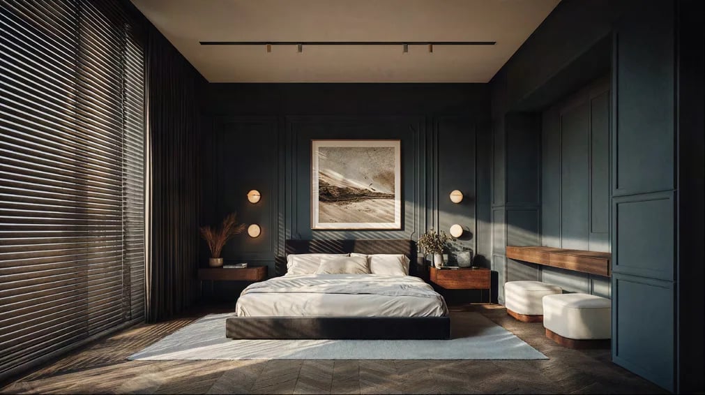 Darker evening version of the bedroom