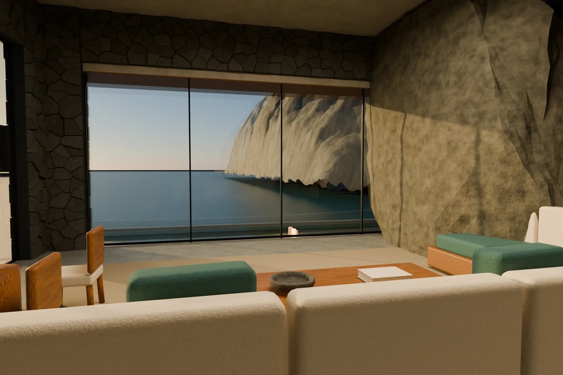 AI-built Blender model after sketch and prompt amendments: Living room