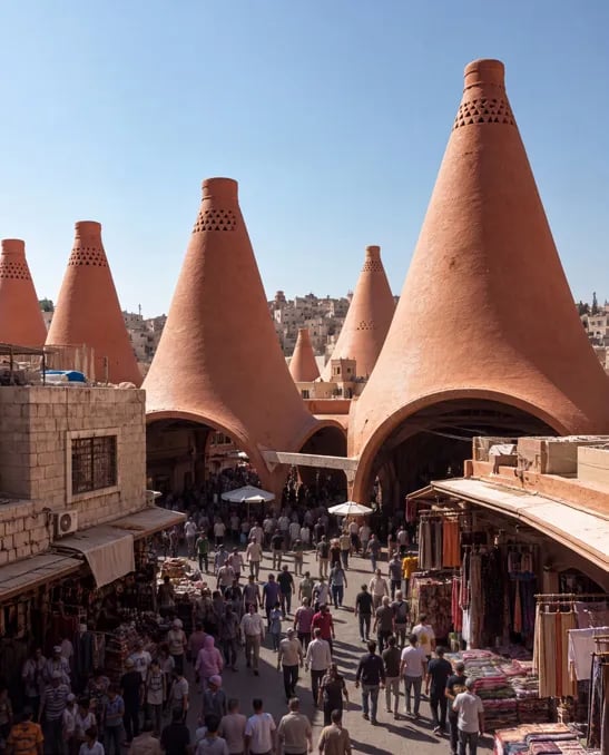 Terracotta cones rising above a busy market