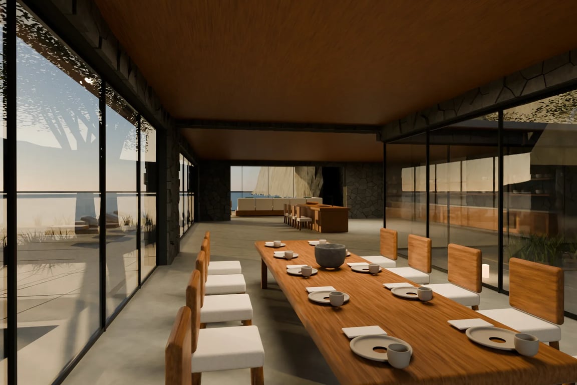 AI-built Blender model after sketch and prompt amendments: Kitchen and dining